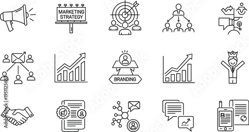 Marketing Strategy Line Icon Vector Set with Branding, Growth, Target Audience and Business Communication Elements