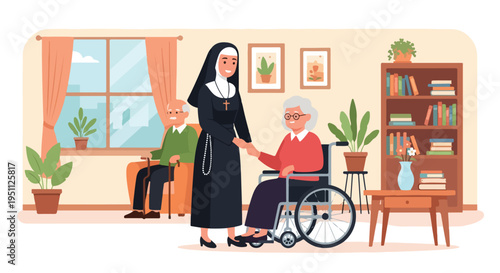 A nun assists an elderly woman in a wheelchair and an old man in a chair