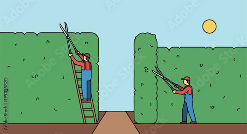Two people trim hedges under a bright sun, one on a ladder