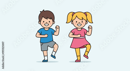 Two cartoon children, a boy and a girl, are happily dancing in unison