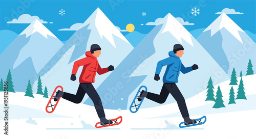 Two people snowshoeing through snowy mountains under a bright sun