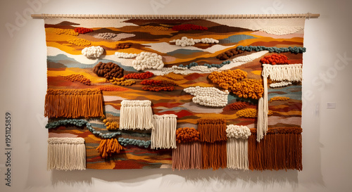 A vibrant tapestry hanging on a wall with colorful landscape design