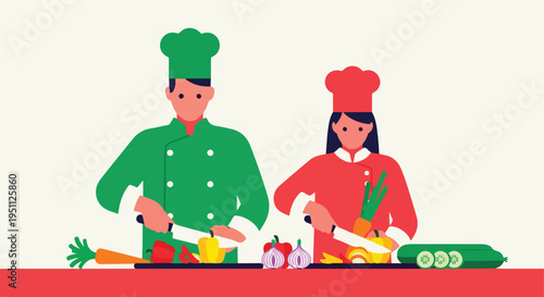 Two chefs in colorful uniforms are chopping fresh vegetables on cutting boards