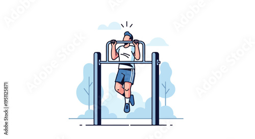 Person doing pull-ups on a bar in an outdoor park with stylized trees and clouds