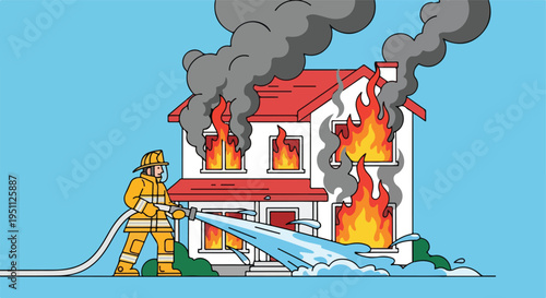 Firefighter extinguishes a burning house engulfed in flames and smoke