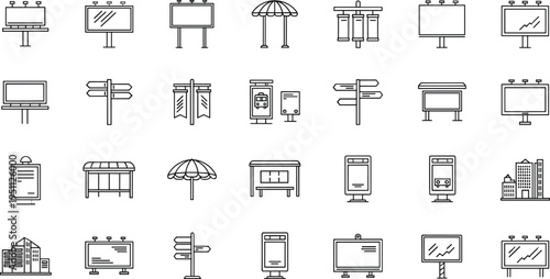 Obraz na płótnie Outdoor Advertising and Signage Line Icon Vector Set with Billboards, Direction