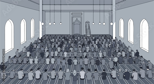 A stylized illustration depicts a large gathering of people seated on prayer mats inside a mosque