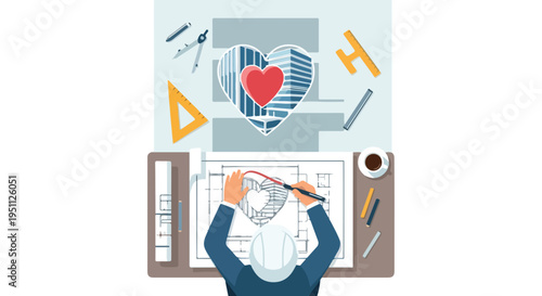 Architect designing a heart-shaped building blueprint with drafting tools