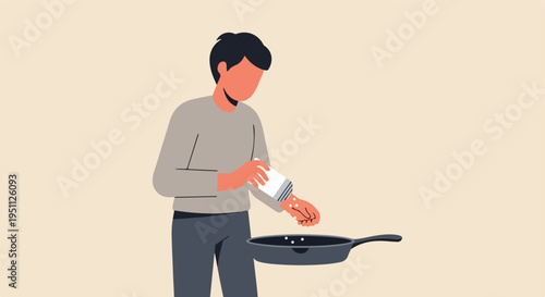 A person seasons food in a frying pan with a shaker