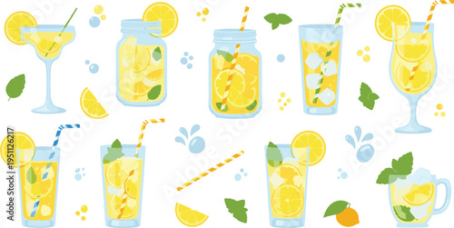Refreshing Lemon Drinks Vector Set with Lemonade, Cocktails, Glasses, Ice Cubes and Citrus Beverage Illustrations Collection
