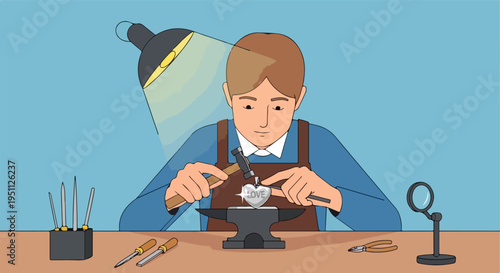 A craftsman hammers a heart-shaped pendant inscribed with "LOVE" on an anvil