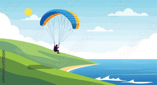 Flat illustration of a person paragliding near a green hill and blue ocean