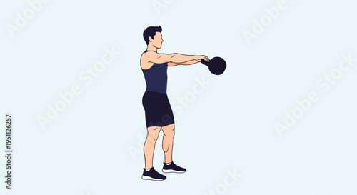 Athletic man in dark attire performs kettlebell exercise, side profile