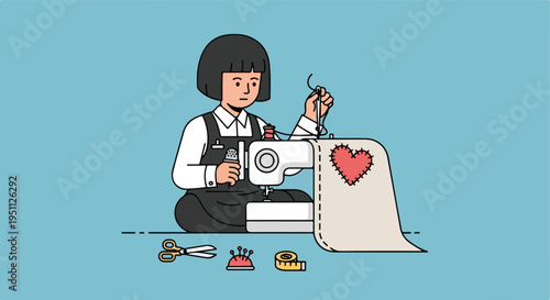 A person sits at a sewing machine, stitching a heart onto fabric, surrounded by tools