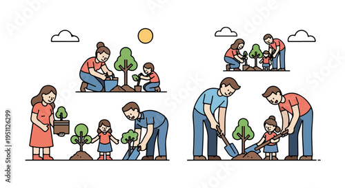 Families planting trees together, illustrating environmental care and shared activity