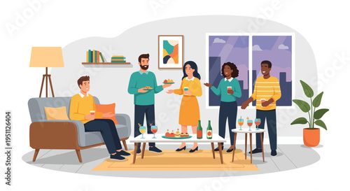 Diverse friends enjoy a casual indoor gathering with drinks and snacks