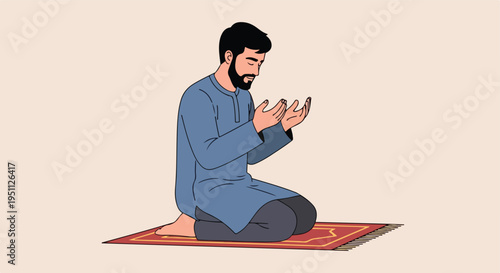 Man in traditional clothing kneeling on a rug, praying with hands raised in supplication