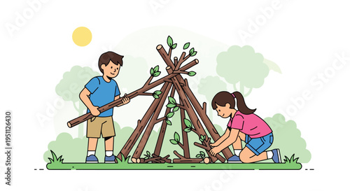 Two children building a den from branches outdoors on a sunny day
