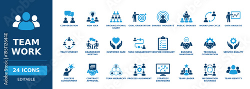Team work solid vector glyph icon set featuring business conversation, organizational chart, goal orientation, workflow cycle, boardroom meeting, team leader, and task management symbols.