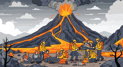 Rescue workers assist injured people near a dangerous erupting volcano