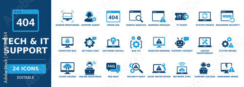 Tech and IT support solid vector glyph icon set with customer service agent, system update, computer bug, security audit, laptop maintenance, help desk, and software installation symbols.