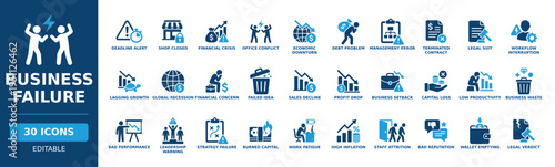 Business failure solid vector glyph icon set featuring financial crisis, economic downturn, debt problem, sales decline, profit drop, global recession, and office conflict symbols.