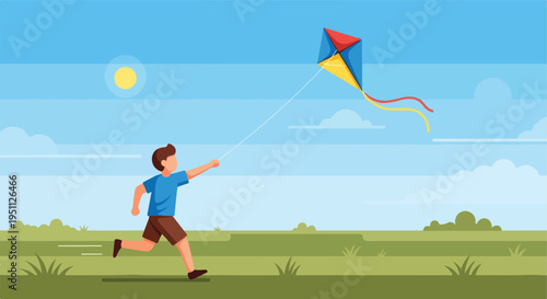 A young boy in a blue shirt runs across a green field, flying a colorful kite