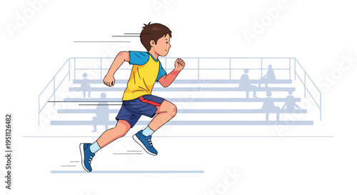 Young boy in athletic wear running on a track with blurred spectators in background
