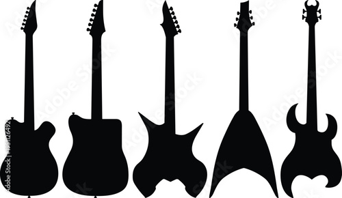 Collection of five electric guitar silhouettes showing different body shapes isolated on white background, rock music instrument icons, minimal black vector style for design