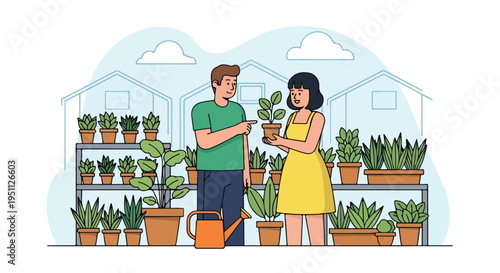 Couple discusses houseplants in a vibrant, flat-design greenhouse setting