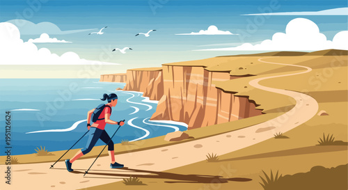 Woman Nordic walking along a coastal path with cliffs and ocean views