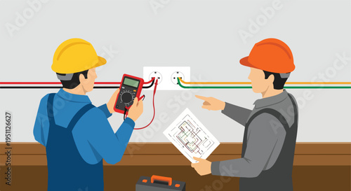 Electricians in hard hats work on wiring, one using a multimeter, the other a blueprint