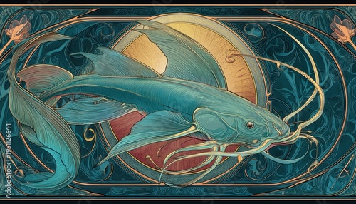 アール・ヌーヴォー様式の美しい装飾が施された、長いひげを持つ幻想的な青い魚のイラストレーション。黄金の円を背景に、流れるような鰭と複雑な植物文様が調和した、ヴィンテージ風の神秘的な水中世界を描いた横長のデザイン。