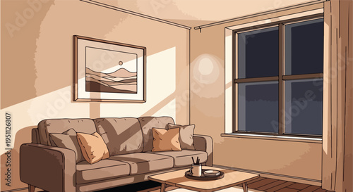 Cozy living room with a sofa, coffee table, and a window showing nighttime