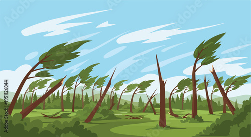 Trees battered by strong winds, some broken, in a lush, green landscape under a cloudy sky