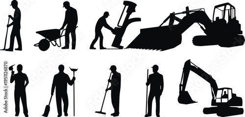 Construction worker silhouette set with laborers using shovel, wheelbarrow, jackhammer and excavator machinery, representing manual labor, road construction, civil engineering and industrial work