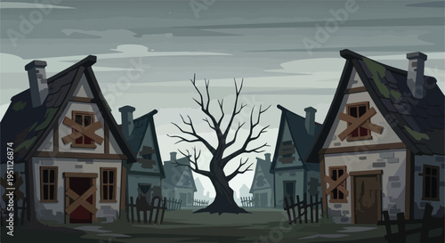 Eerie village scene with boarded-up homes and a barren tree under a cloudy sky