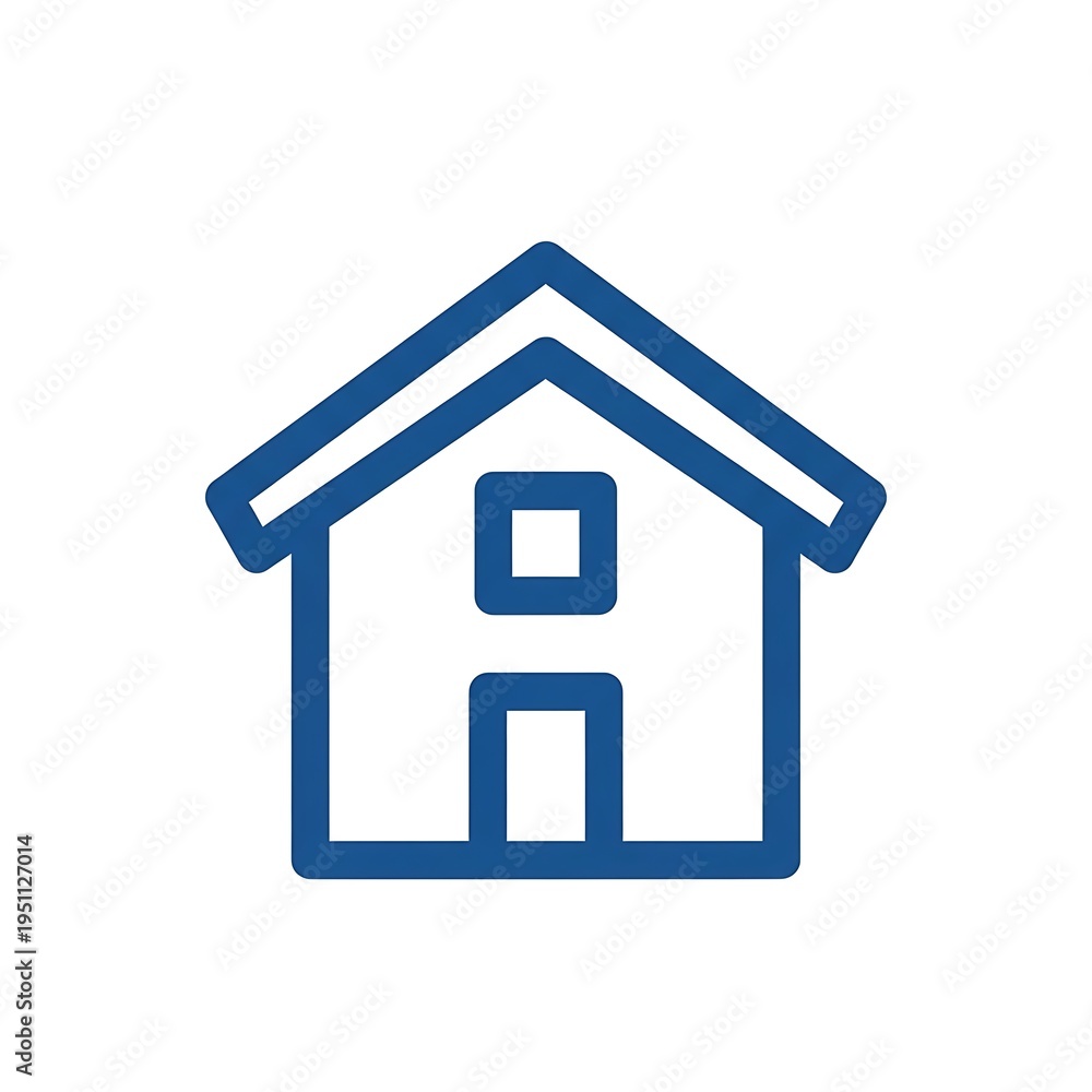 Fototapeta premium A simple, geometric illustration of a house. The outline is thick, blue, and clean. It features a roof, door, and windows
