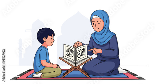A woman in a hijab teaches a boy to read from an open book on a stand
