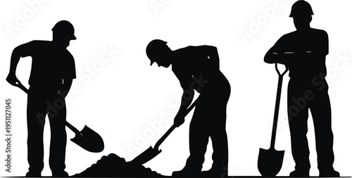 Construction workers digging soil with shovels silhouette illustration, representing manual labor, teamwork, excavation work, civil engineering and building site development activity