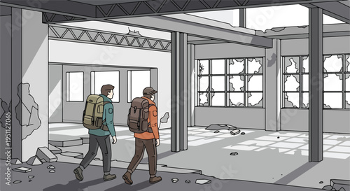 Two backpackers explore a desolate, abandoned building with broken windows