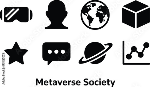 Black metaverse set with virtual reality and global symbols