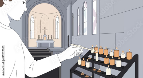 Person lighting candles in a church with an altar and stained glass windows visible