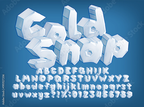 Cold Snap alphabet font. Chunky ice-style cartoon font with 3D uppercase and lowercase letters and numbers. Fun vector typeface for creative typography projects.