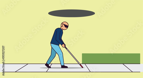 Person with blindfold and cane walks on sidewalk near an open manhole