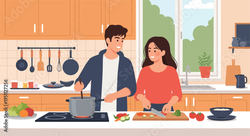 A couple happily prepares a meal together in a bright, cozy kitchen