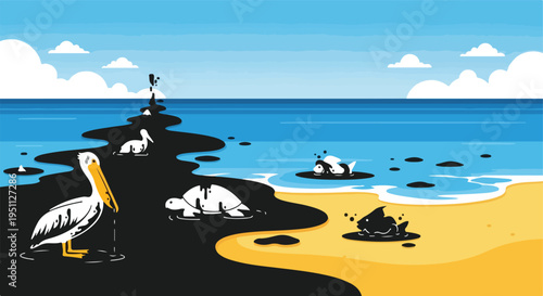 Illustration of marine animals affected by oil pollution on a beach