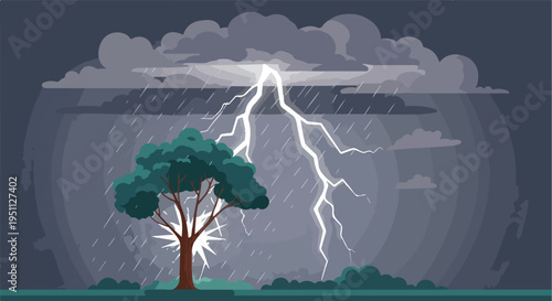 A lone tree endures a powerful lightning strike during a heavy storm