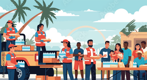 Volunteers distribute food and water to families in a tropical, storm-damaged area