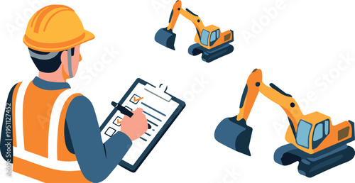 Construction worker inspector with clipboard checking excavator machinery, engineering safety inspection concept illustration with heavy equipment and builder wearing helmet and safety vest